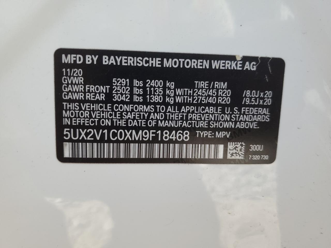 2021 BMW X4 xDrive30I VIN: 5UX2V1C0XM9F18468 Lot: 59645294