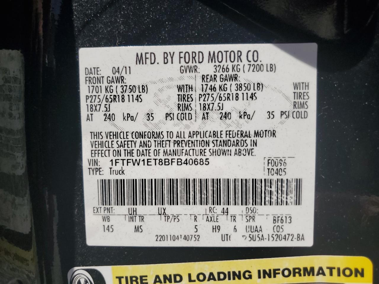 2011 Ford F150 Supercrew VIN: 1FTFW1ET8BFB40685 Lot: 58227014