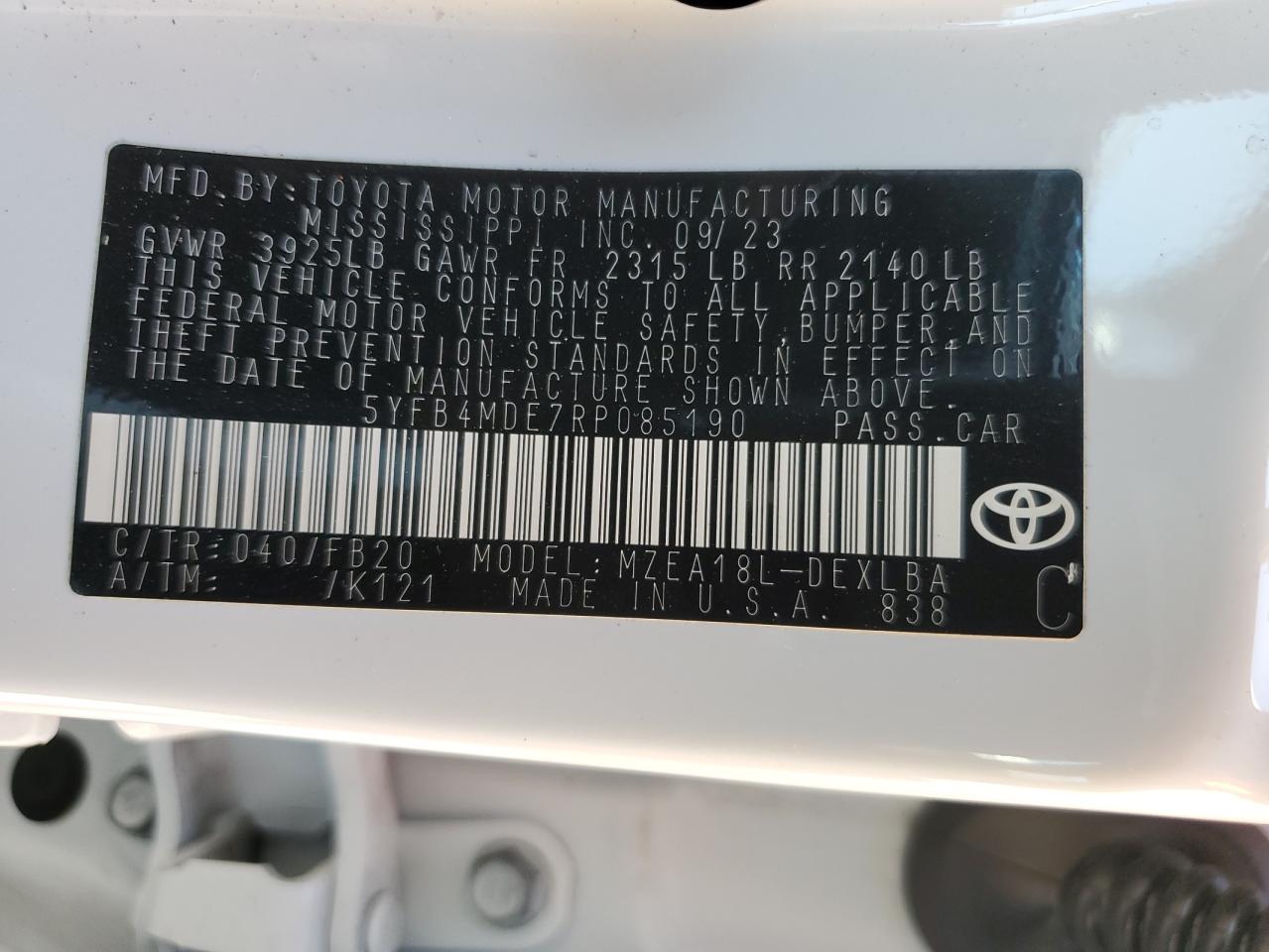 5YFB4MDE7RP085190 TOYOTA COROLLA 2024