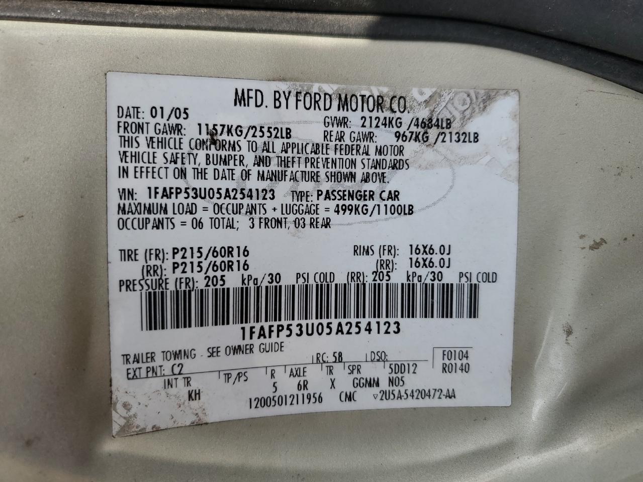 2005 Ford Taurus Se VIN: 1FAFP53U05A254123 Lot: 54925414