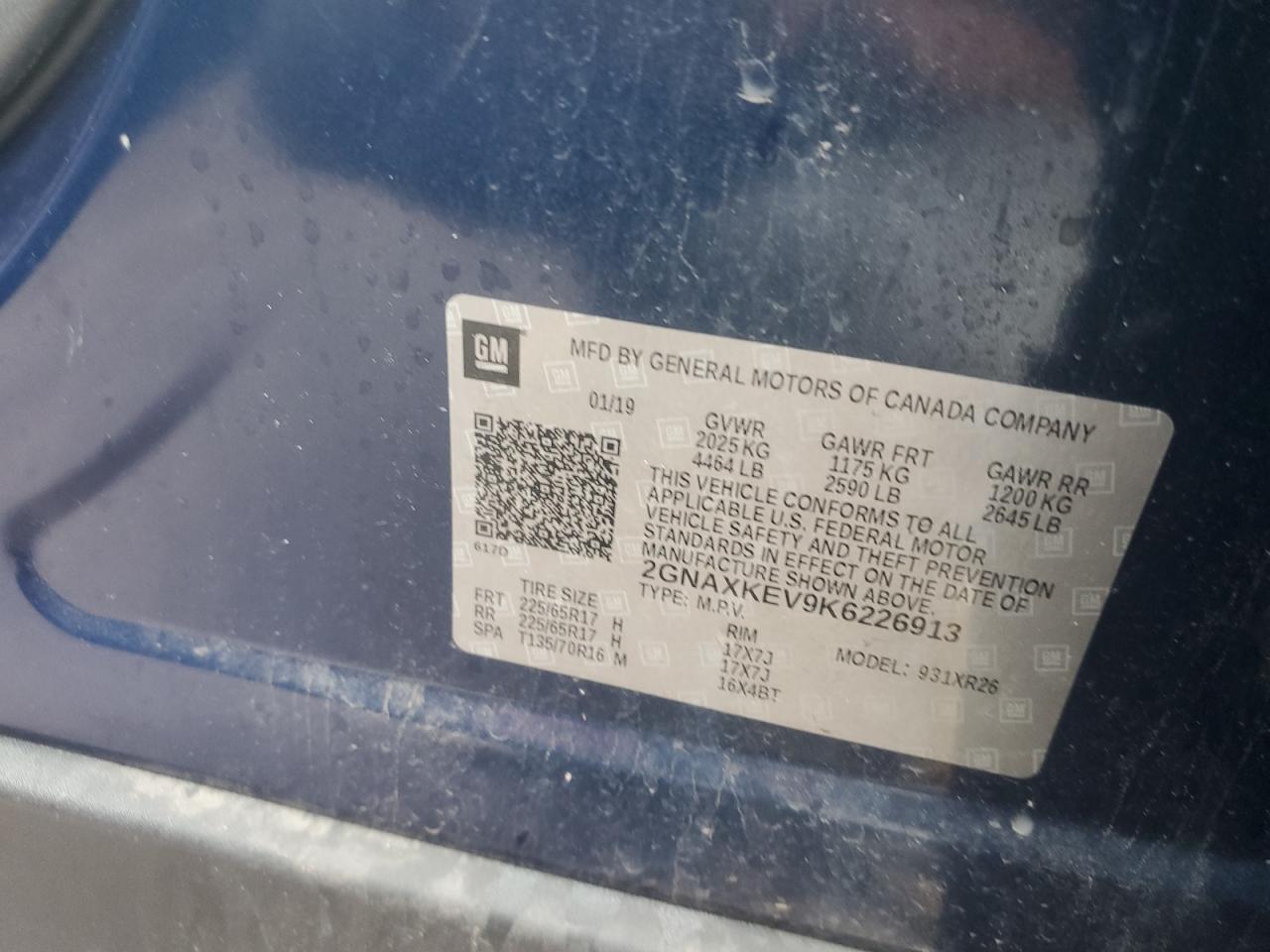 2019 Chevrolet Equinox Lt VIN: 2GNAXKEV9K6226913 Lot: 59835594