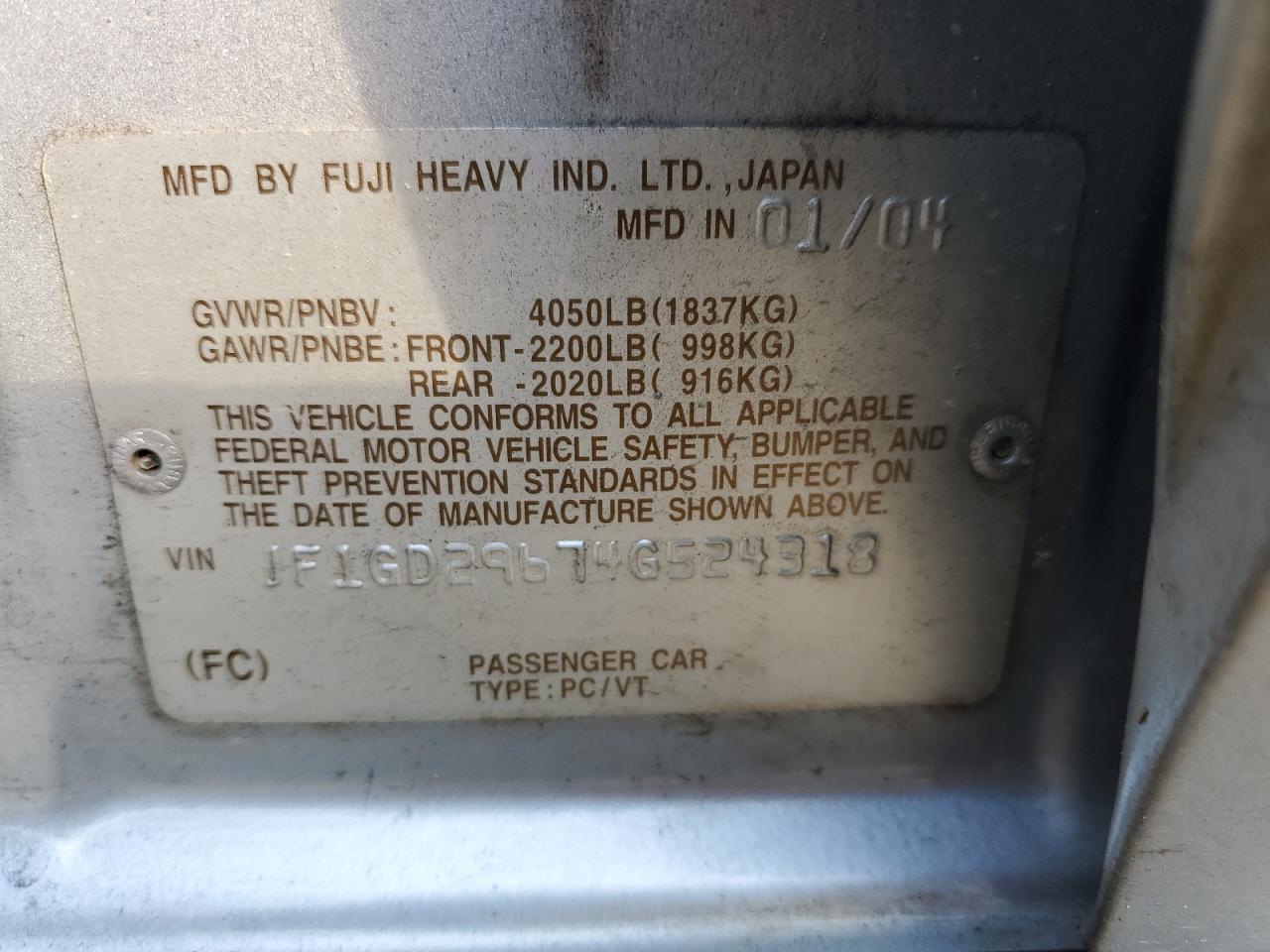 2004 Subaru Impreza Wrx VIN: JF1GD29674G524318 Lot: 58908574