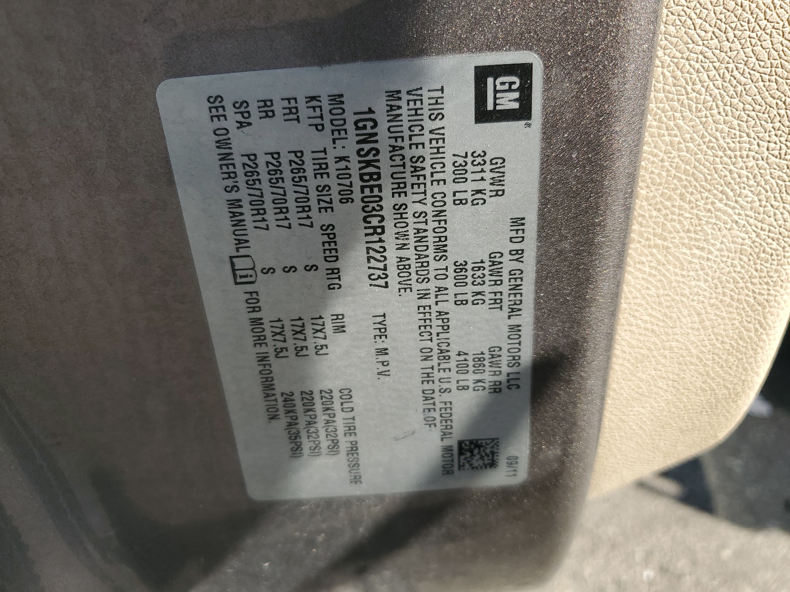 1GNSKBE03CR122737 2012 Chevrolet Tahoe K1500 Lt