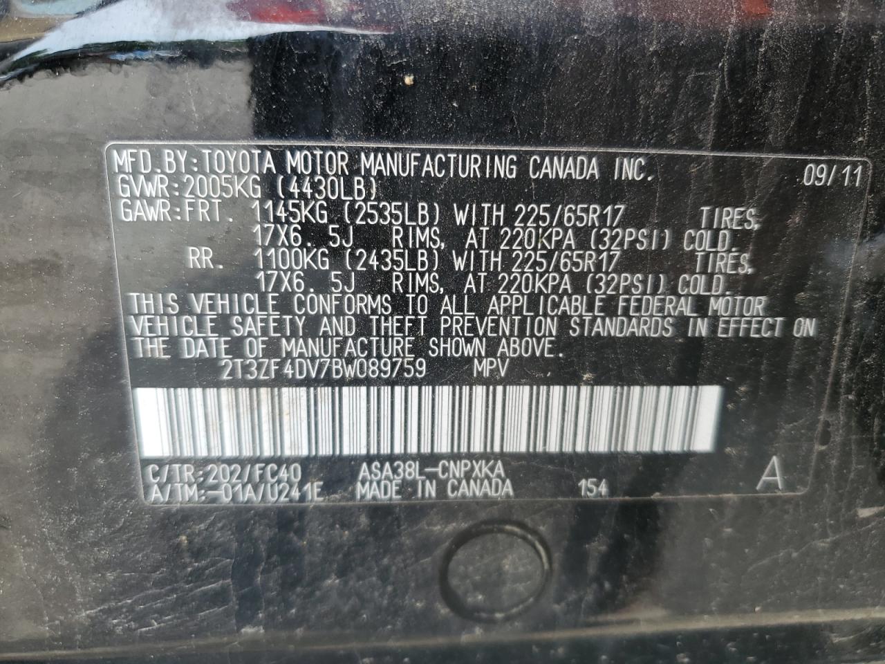 2011 Toyota Rav4 VIN: 2T3ZF4DV7BW089759 Lot: 60671214