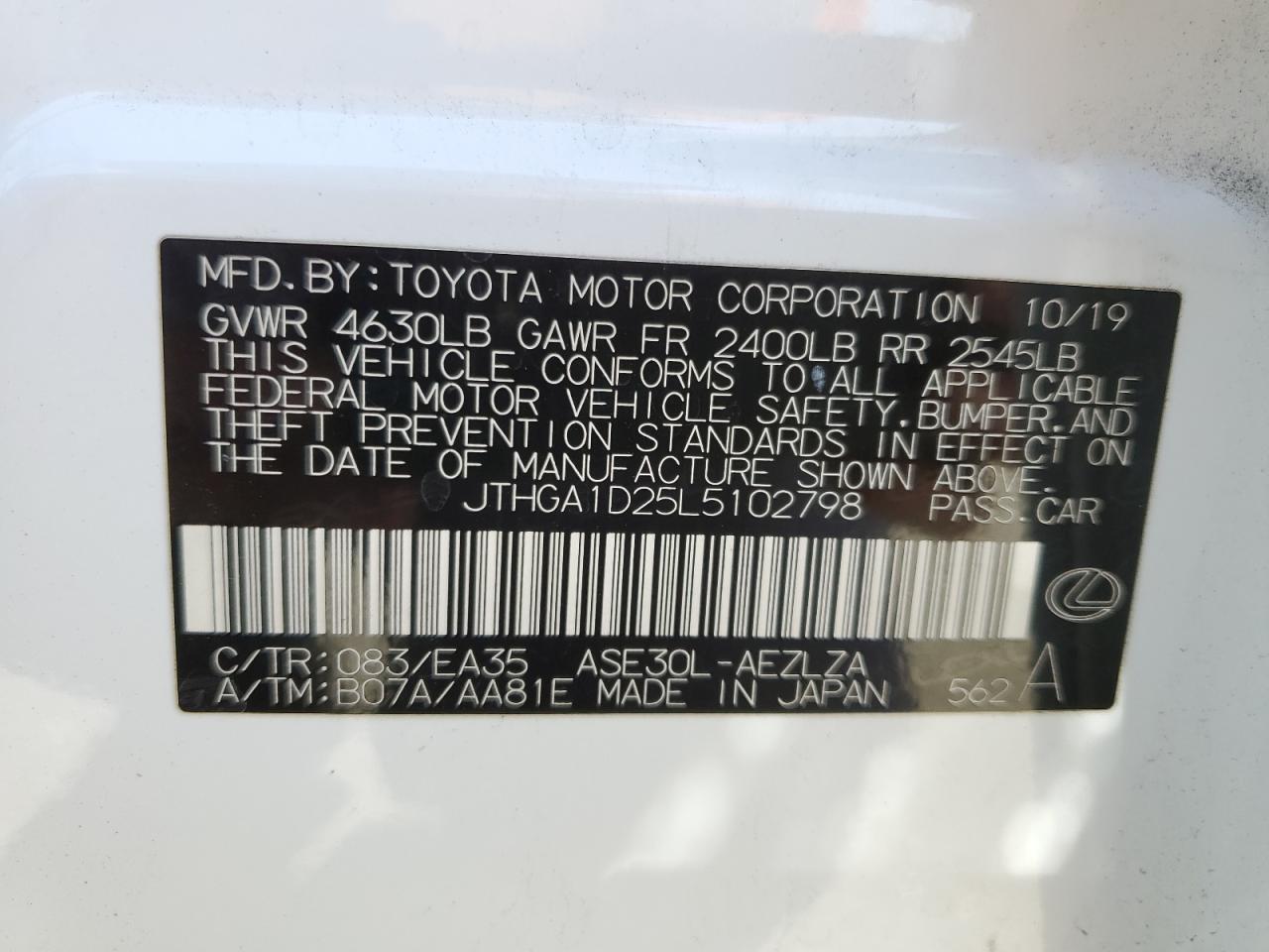 2020 Lexus Is 300 F-Sport VIN: JTHGA1D25L5102798 Lot: 57756024