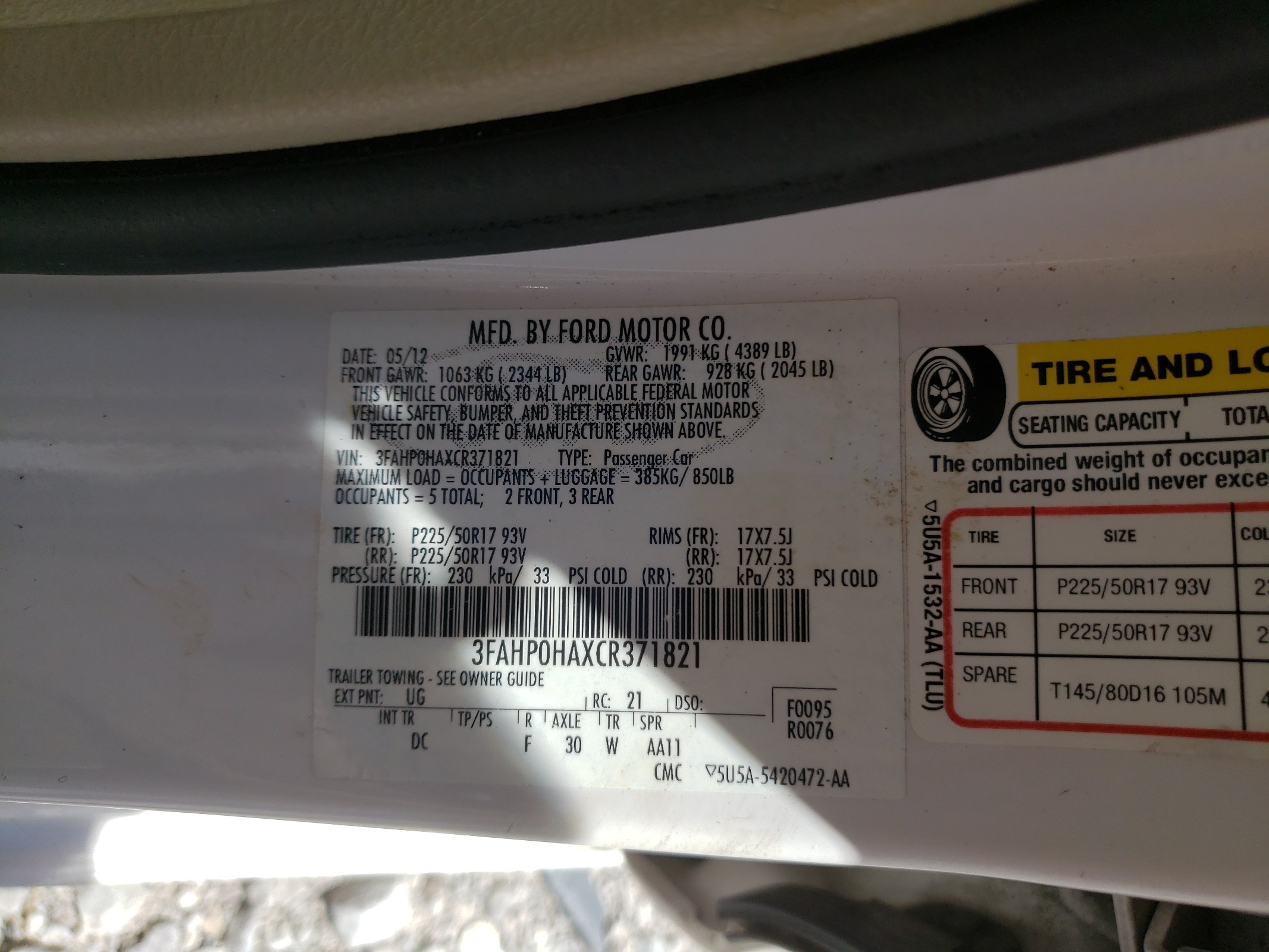 3FAHP0HAXCR371821 2012 Ford Fusion Se