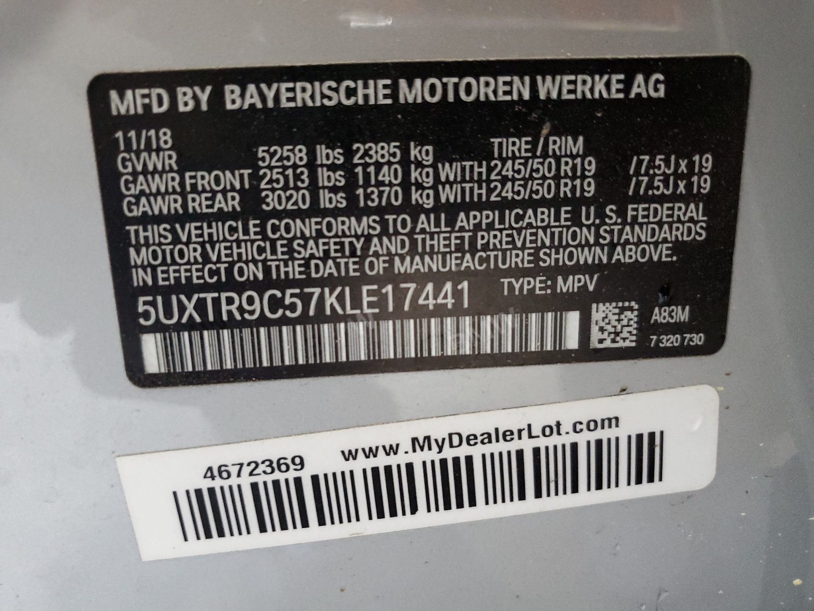 5UXTR9C57KLE17441 2019 BMW X3 xDrive30I