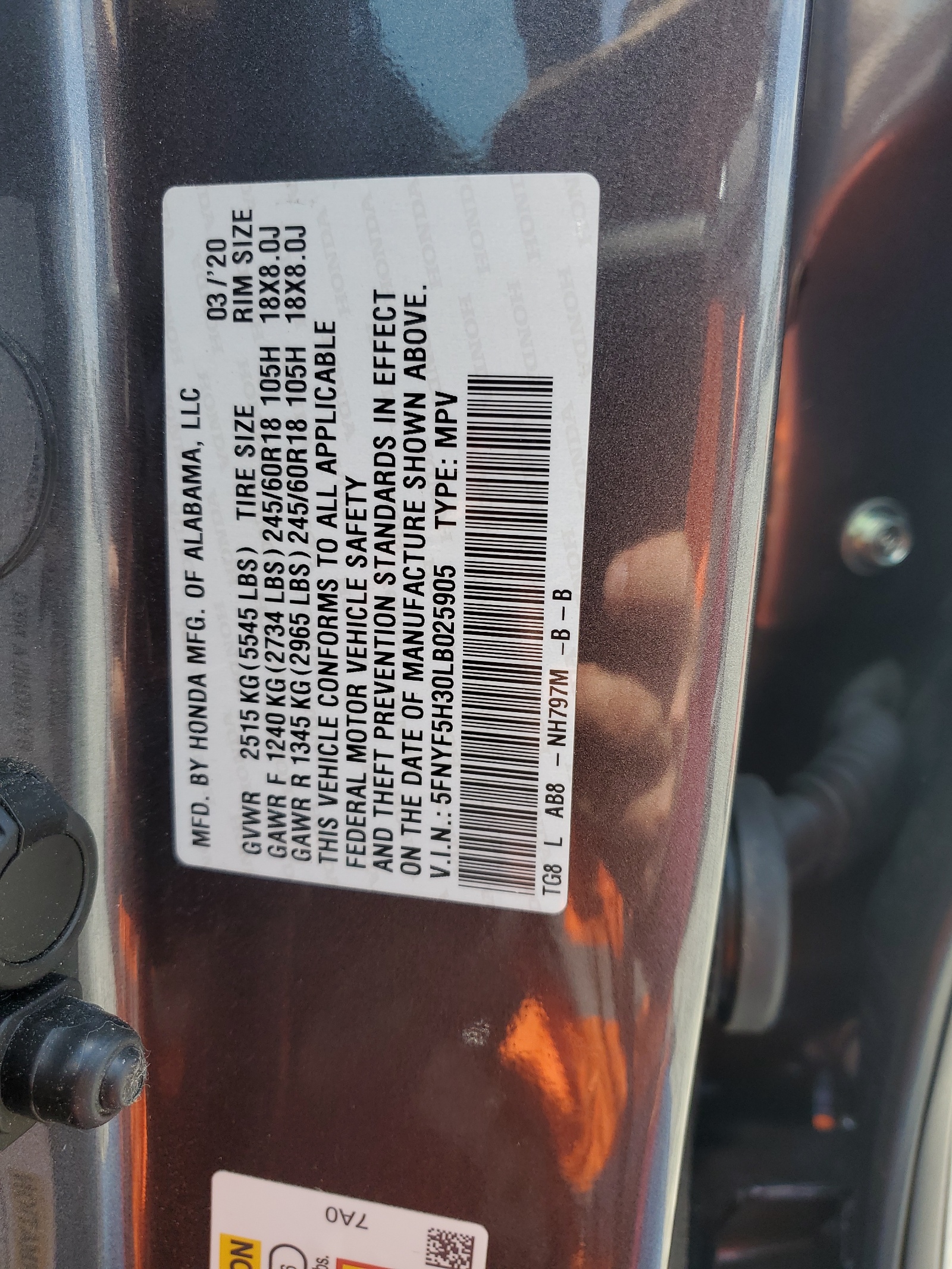 5FNYF5H30LB025905 2020 Honda Pilot Ex