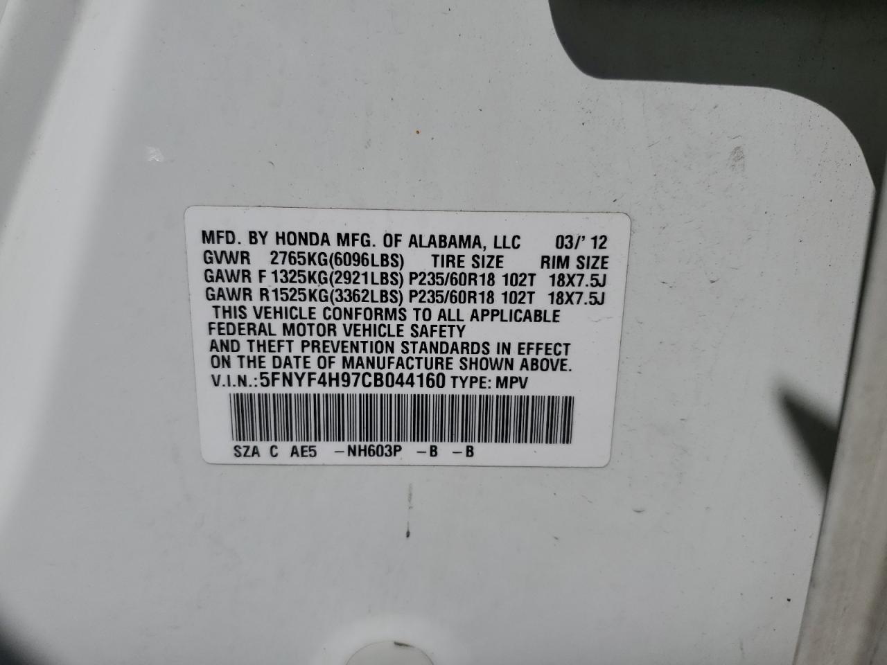 2012 Honda Pilot Touring VIN: 5FNYF4H97CB044160 Lot: 60445664