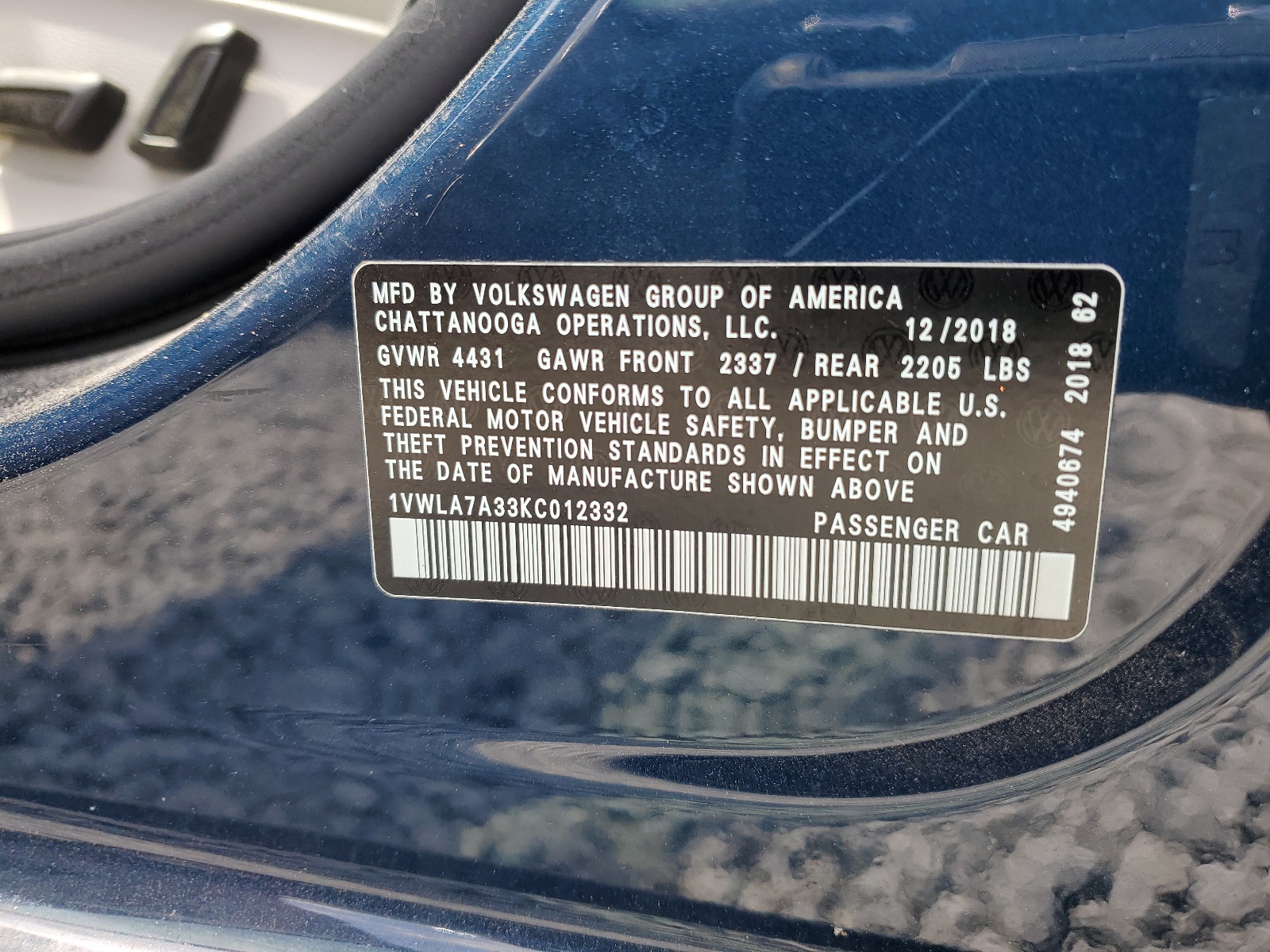 1VWLA7A33KC012332 2019 Volkswagen Passat Wolfsburg