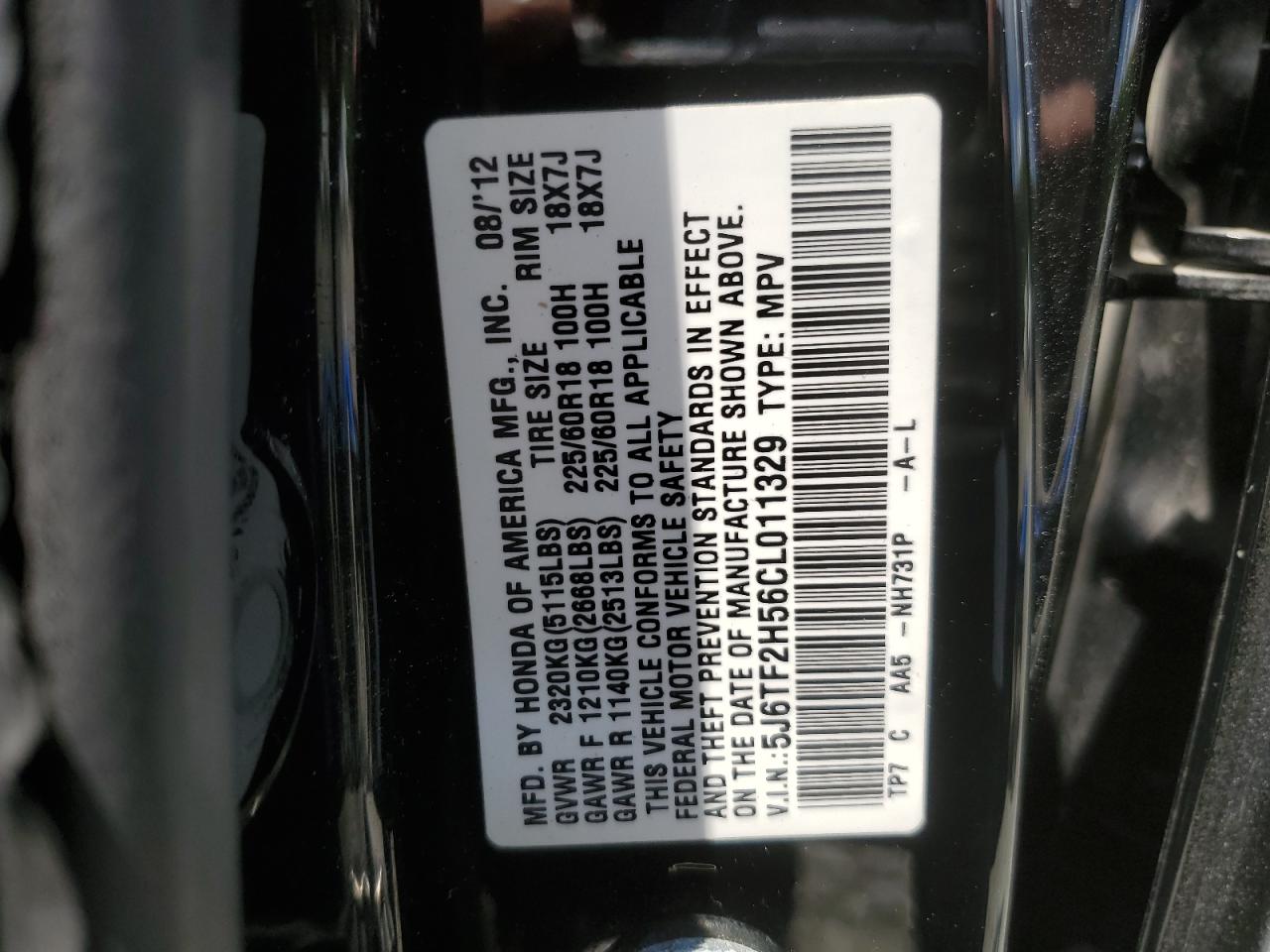 2012 Honda Crosstour Exl VIN: 5J6TF2H56CL011329 Lot: 58308694