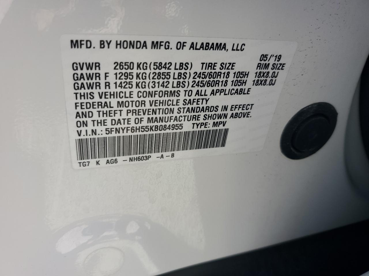 2019 Honda Pilot Exl VIN: 5FNYF6H55KB084955 Lot: 61209114