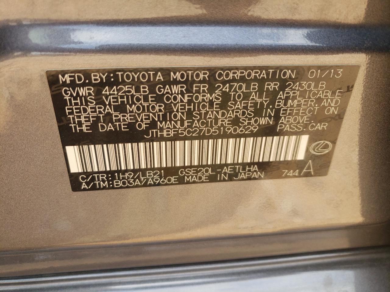 2013 Lexus Is 250 VIN: JTHBF5C27D5190629 Lot: 58156354