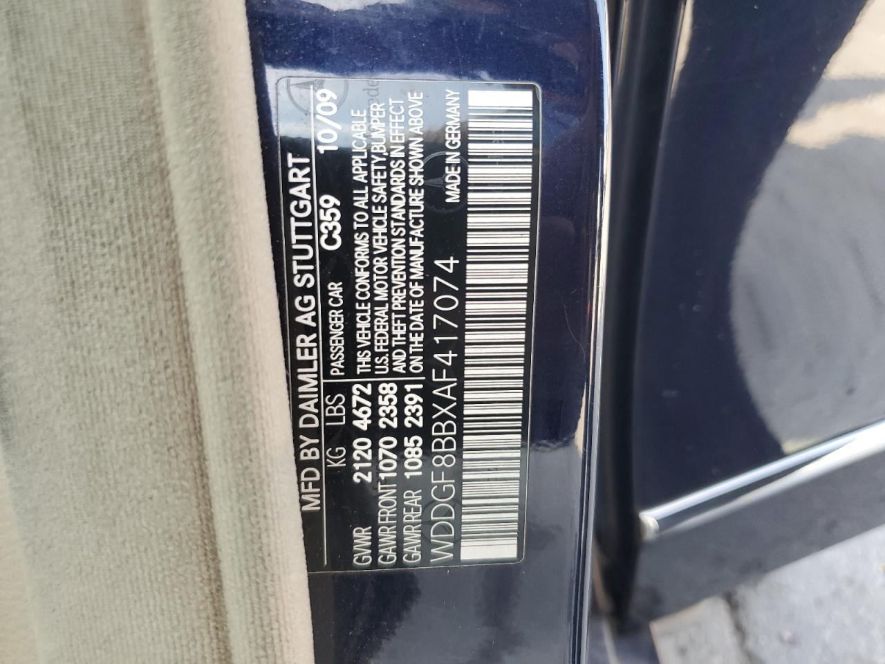 2010 Mercedes-Benz C 300 4Matic VIN: WDDGF8BBXAF417074 Lot: 61030494