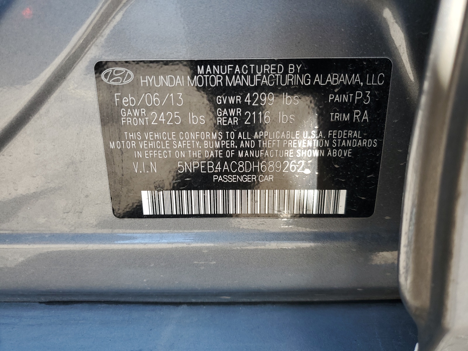 5NPEB4AC8DH689262 2013 Hyundai Sonata Gls