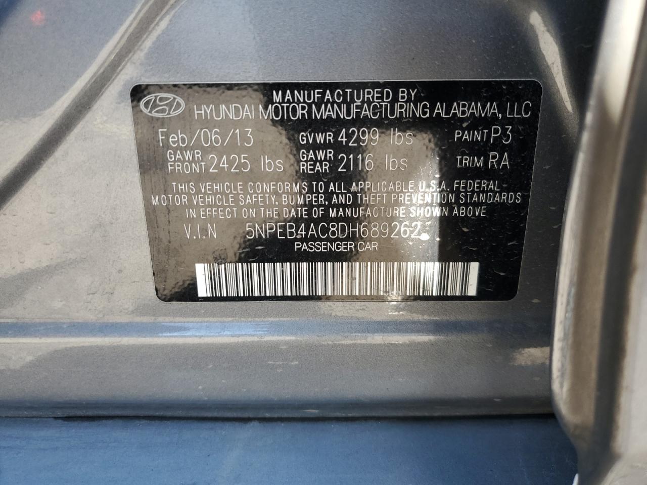 2013 Hyundai Sonata Gls VIN: 5NPEB4AC8DH689262 Lot: 58660254