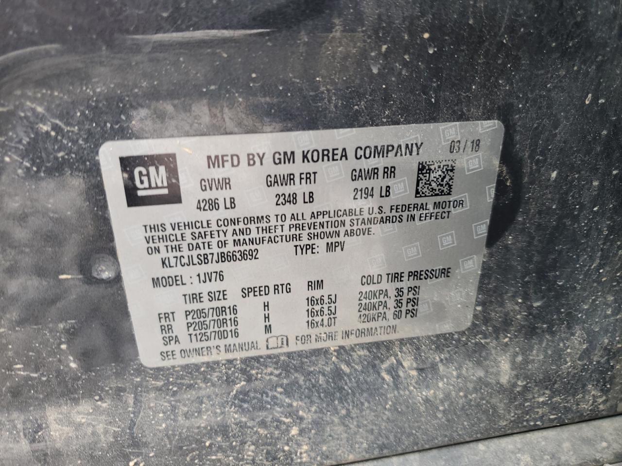 2018 Chevrolet Trax 1Lt VIN: KL7CJLSB7JB663692 Lot: 59241074