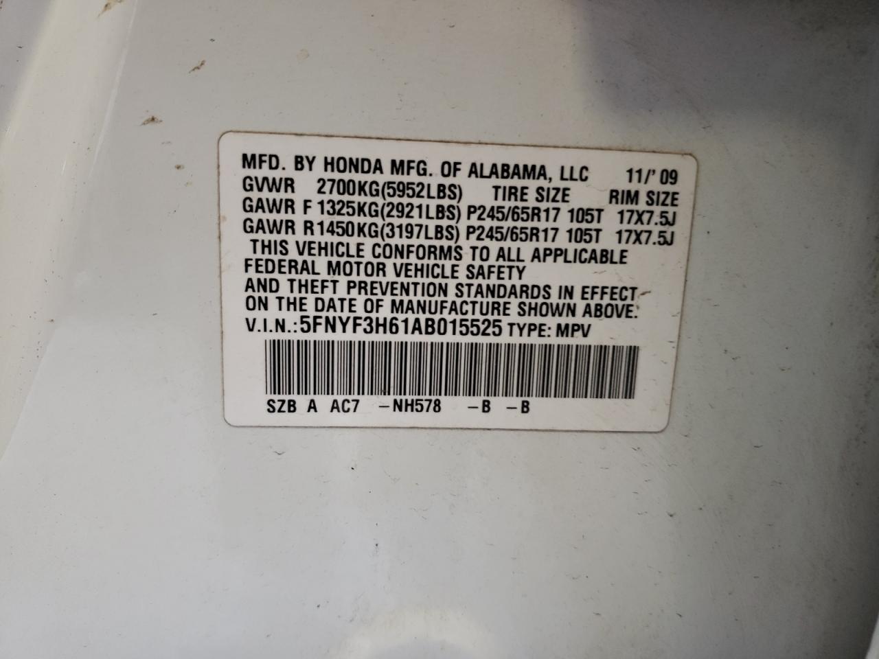 2010 Honda Pilot Exl VIN: 5FNYF3H61AB015525 Lot: 59299824