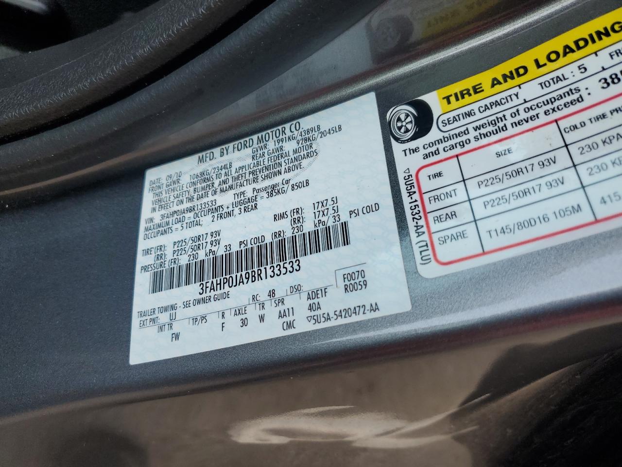 2011 Ford Fusion Sel VIN: 3FAHP0JA9BR133533 Lot: 60039764