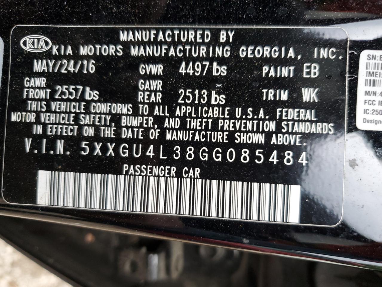 2016 Kia Optima Ex VIN: 5XXGU4L38GG085484 Lot: 57095584