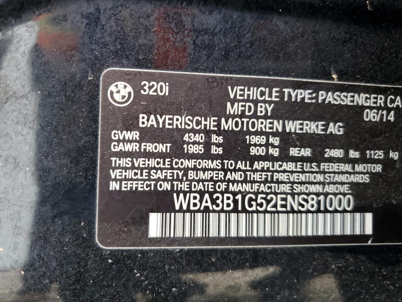 2014 BMW 320 I VIN: WBA3B1G52ENS81000 Lot: 59279574