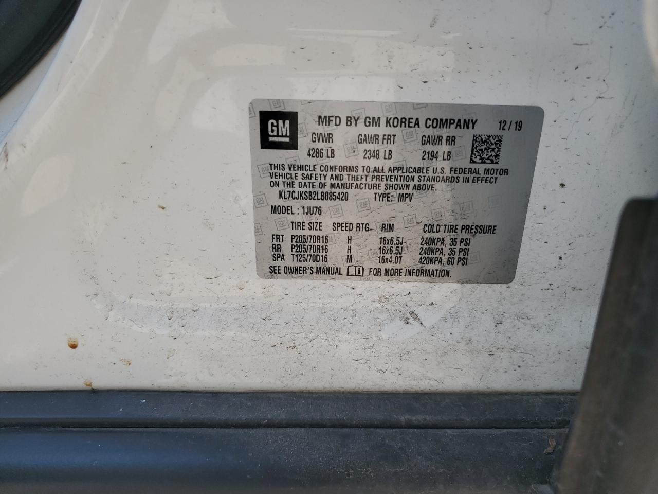 2020 Chevrolet Trax Ls VIN: KL7CJKSB2LB085420 Lot: 59247014