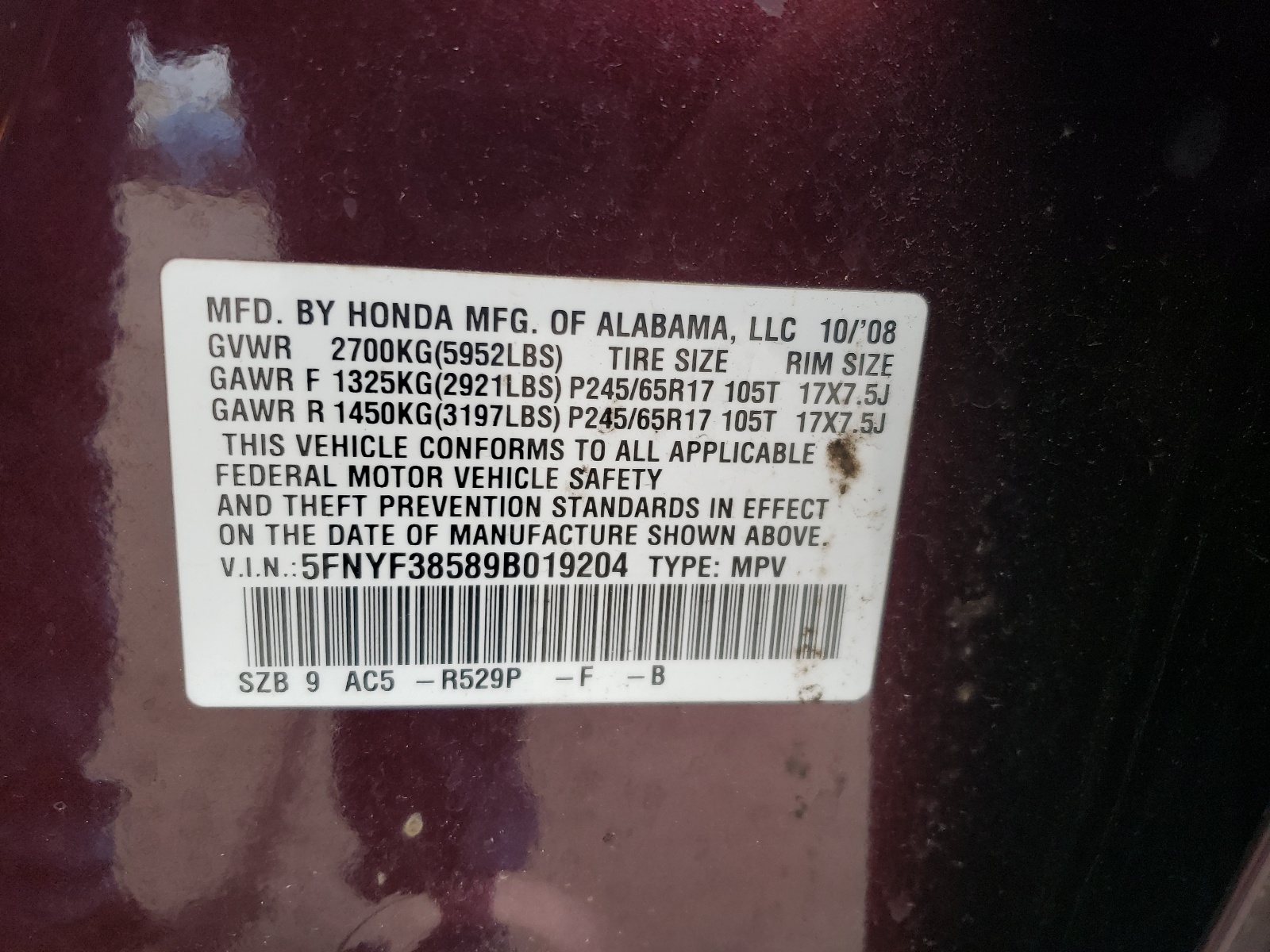 5FNYF38589B019204 2009 Honda Pilot Exl