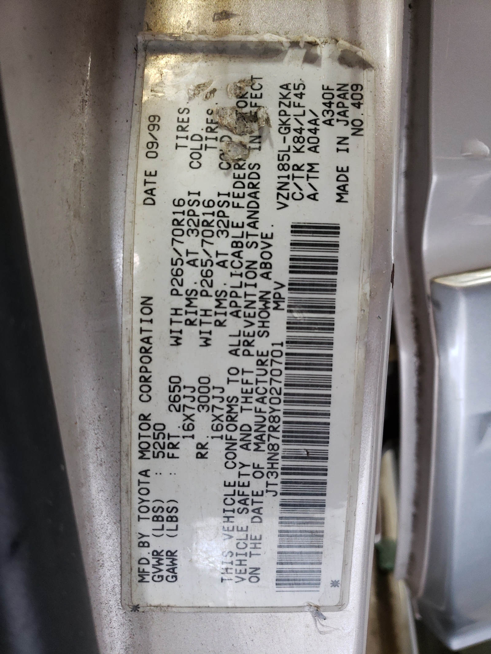 JT3HN87R8Y0270701 2000 Toyota 4Runner Limited