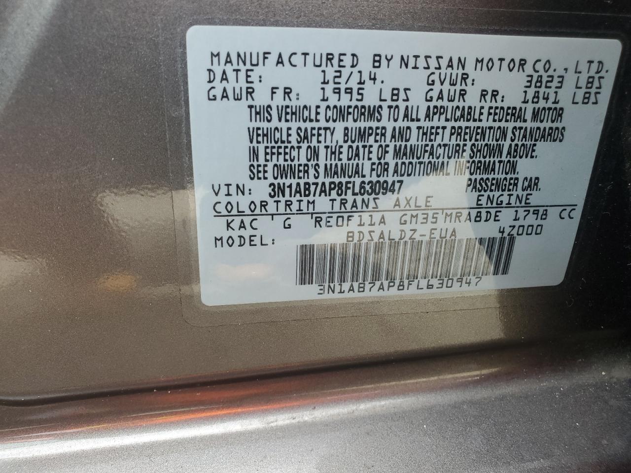 2015 Nissan Sentra S VIN: 3N1AB7AP8FL630947 Lot: 61204204