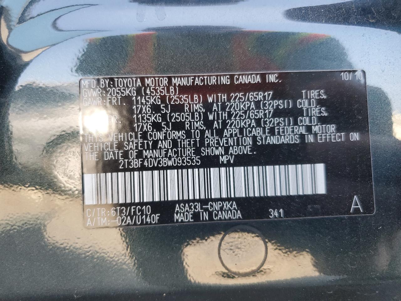 2011 Toyota Rav4 VIN: 2T3BF4DV3BW093535 Lot: 59222644