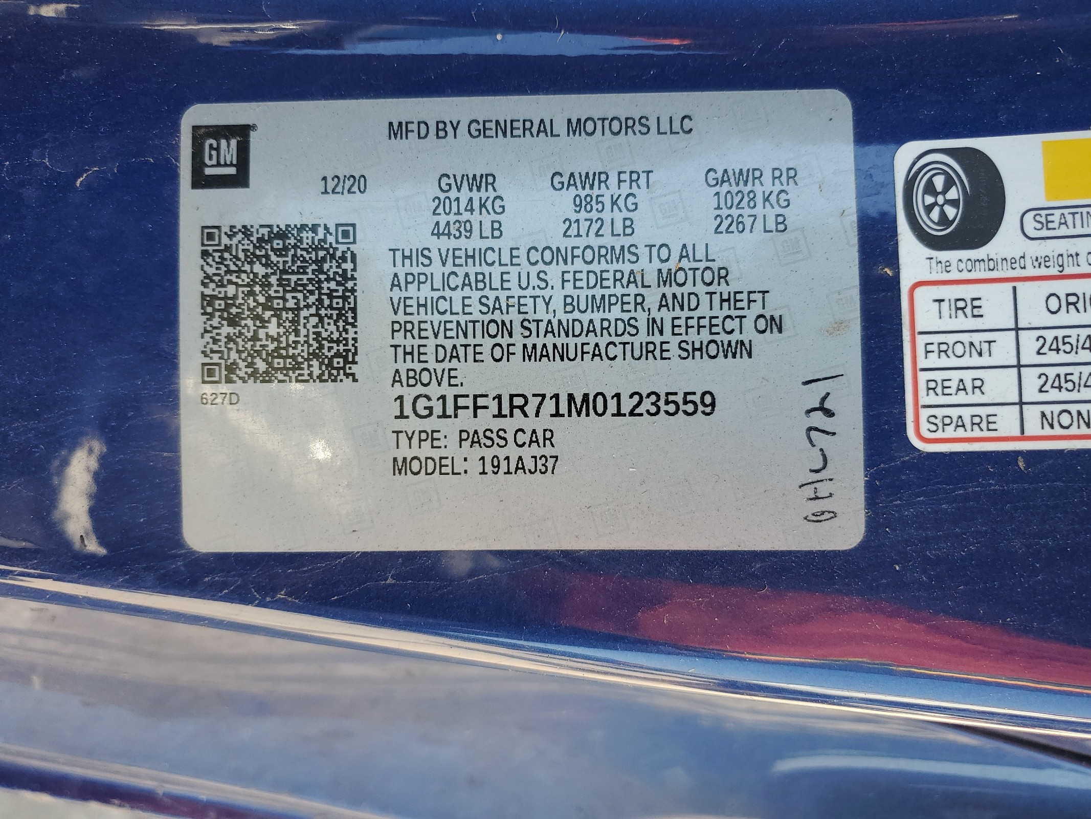 1G1FF1R71M0123559 2021 Chevrolet Camaro Lz