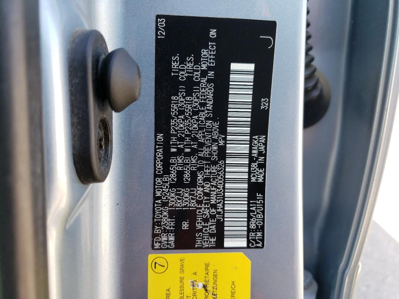 2004 Lexus Rx 330 VIN: JTJHA31U340056326 Lot: 59269034