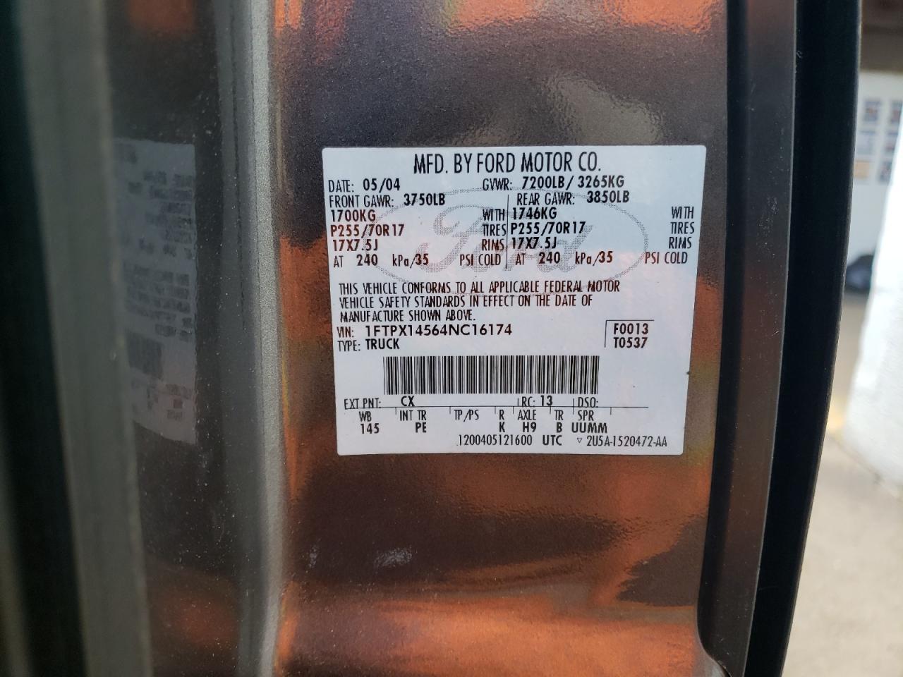 2004 Ford F150 VIN: 1FTPX14564NC16174 Lot: 58651734