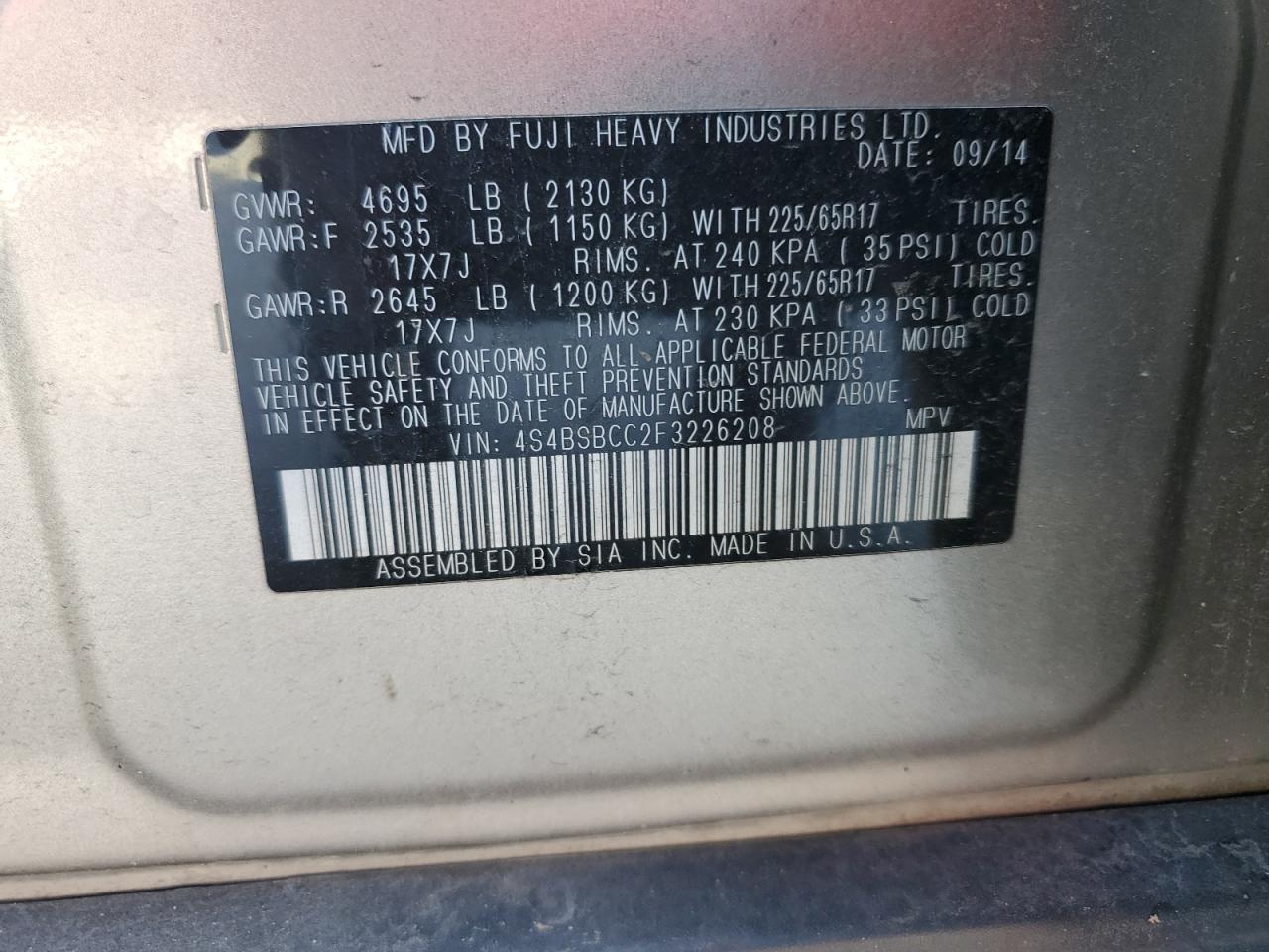 2015 Subaru Outback 2.5I Premium VIN: 4S4BSBCC2F3226208 Lot: 57220854