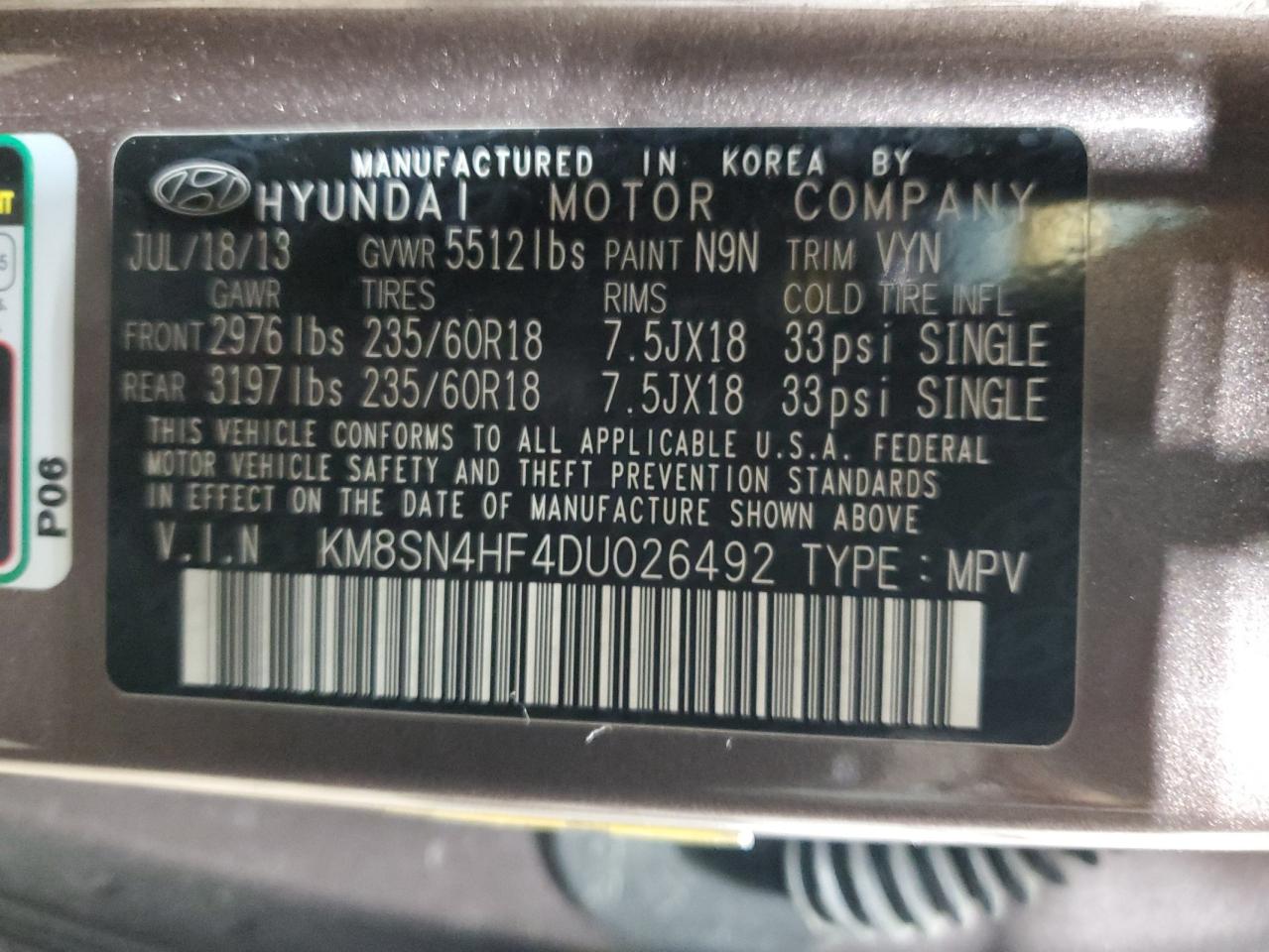 2013 Hyundai Santa Fe Gls VIN: KM8SN4HF4DU026492 Lot: 56883174