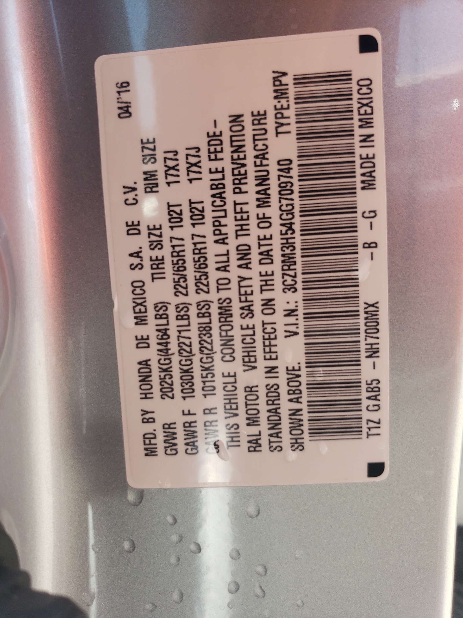 3CZRM3H54GG709740 2016 Honda Cr-V Ex