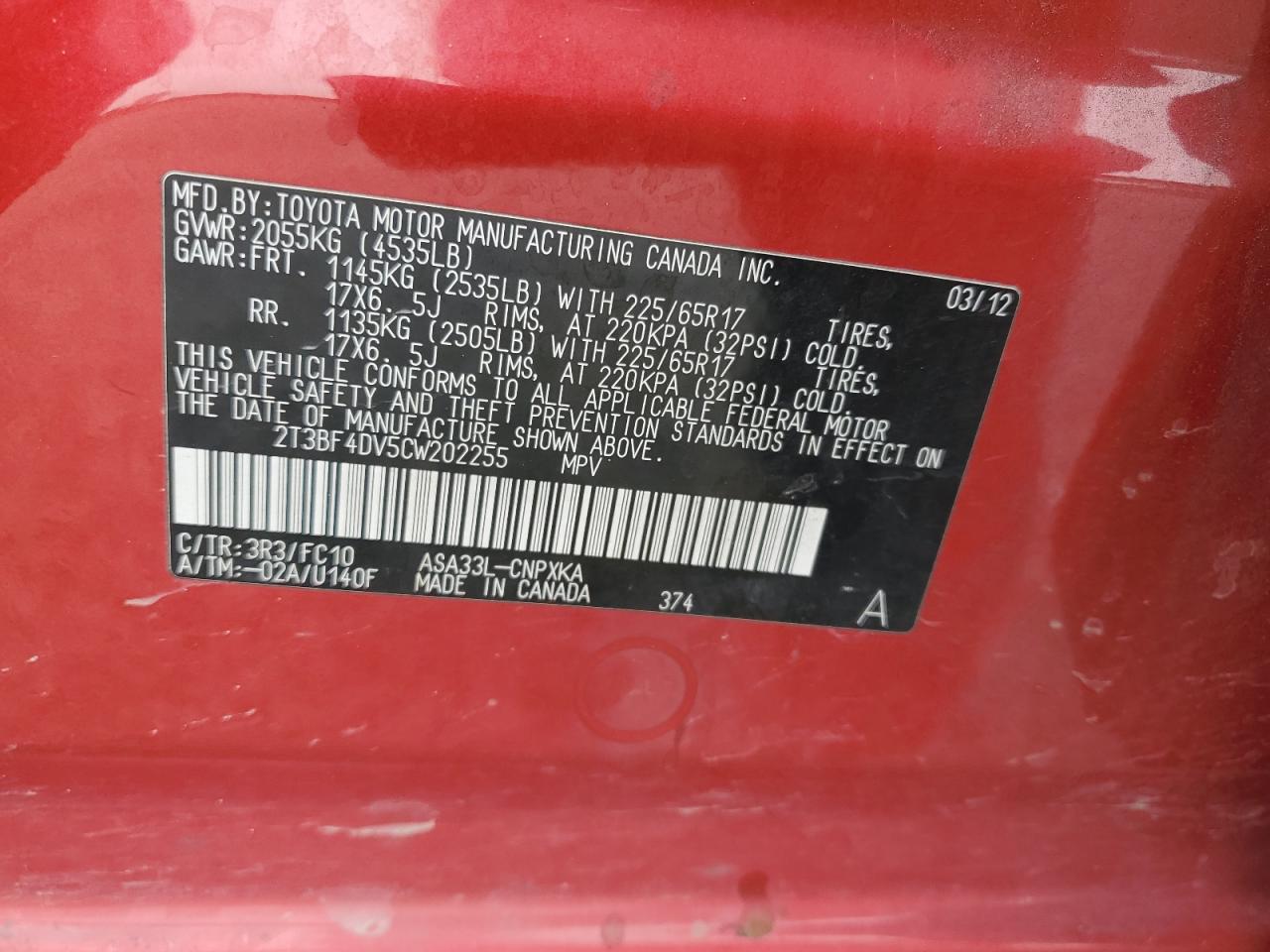 2T3BF4DV5CW202255 2012 Toyota Rav4