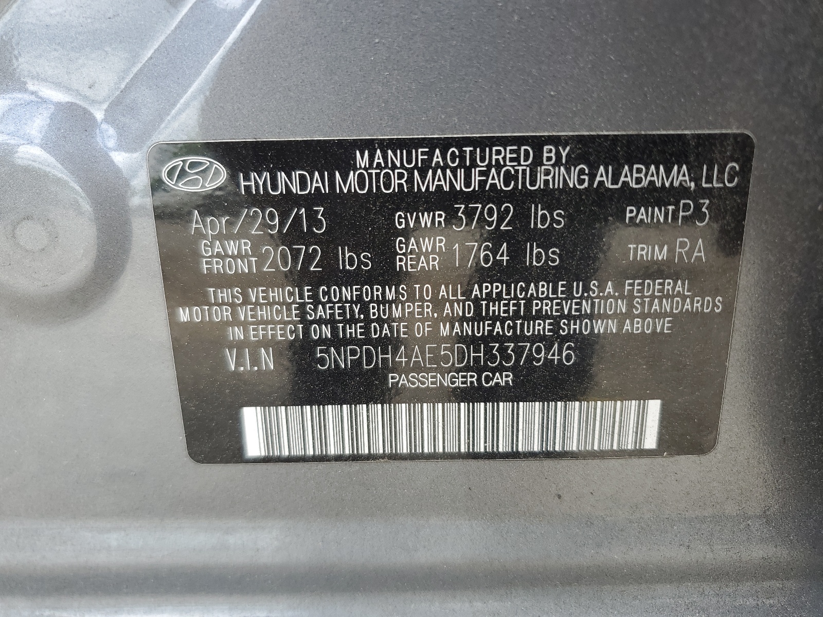 5NPDH4AE5DH337946 2013 Hyundai Elantra Gls