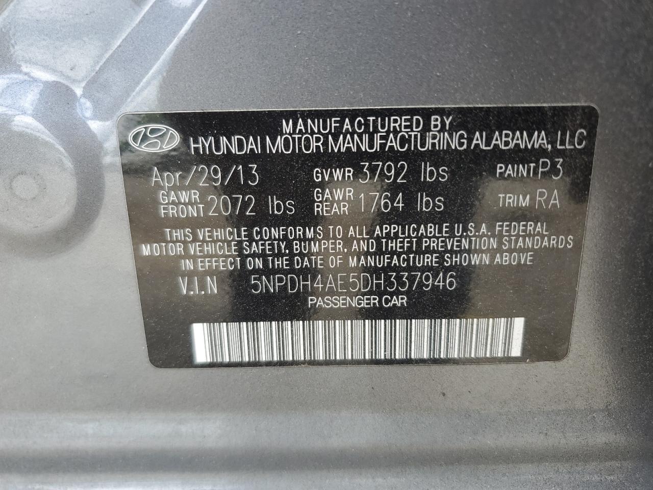 2013 Hyundai Elantra Gls VIN: 5NPDH4AE5DH337946 Lot: 60310874