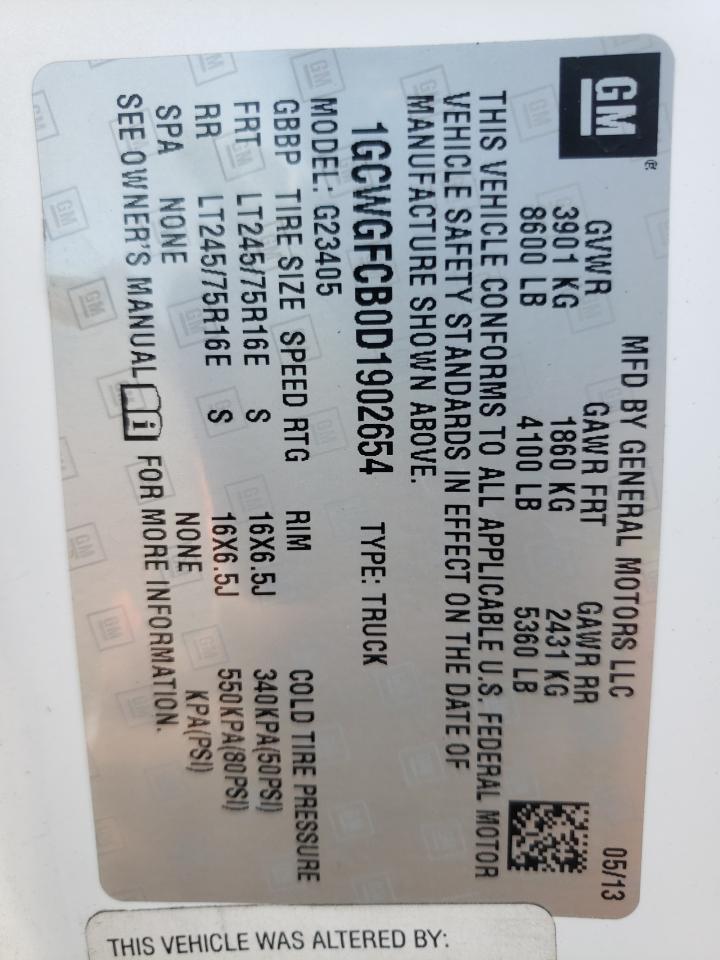 2013 Chevrolet Express G2500 VIN: 1GCWGFCB0D1902654 Lot: 60229074