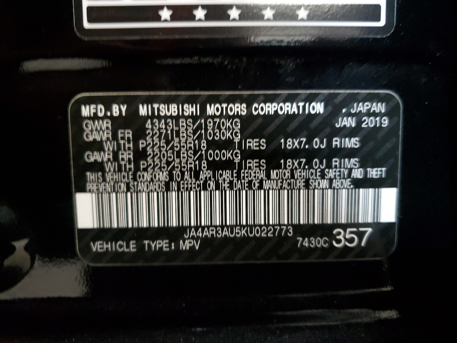 JA4AR3AU5KU022773 2019 Mitsubishi Outlander Sport Es