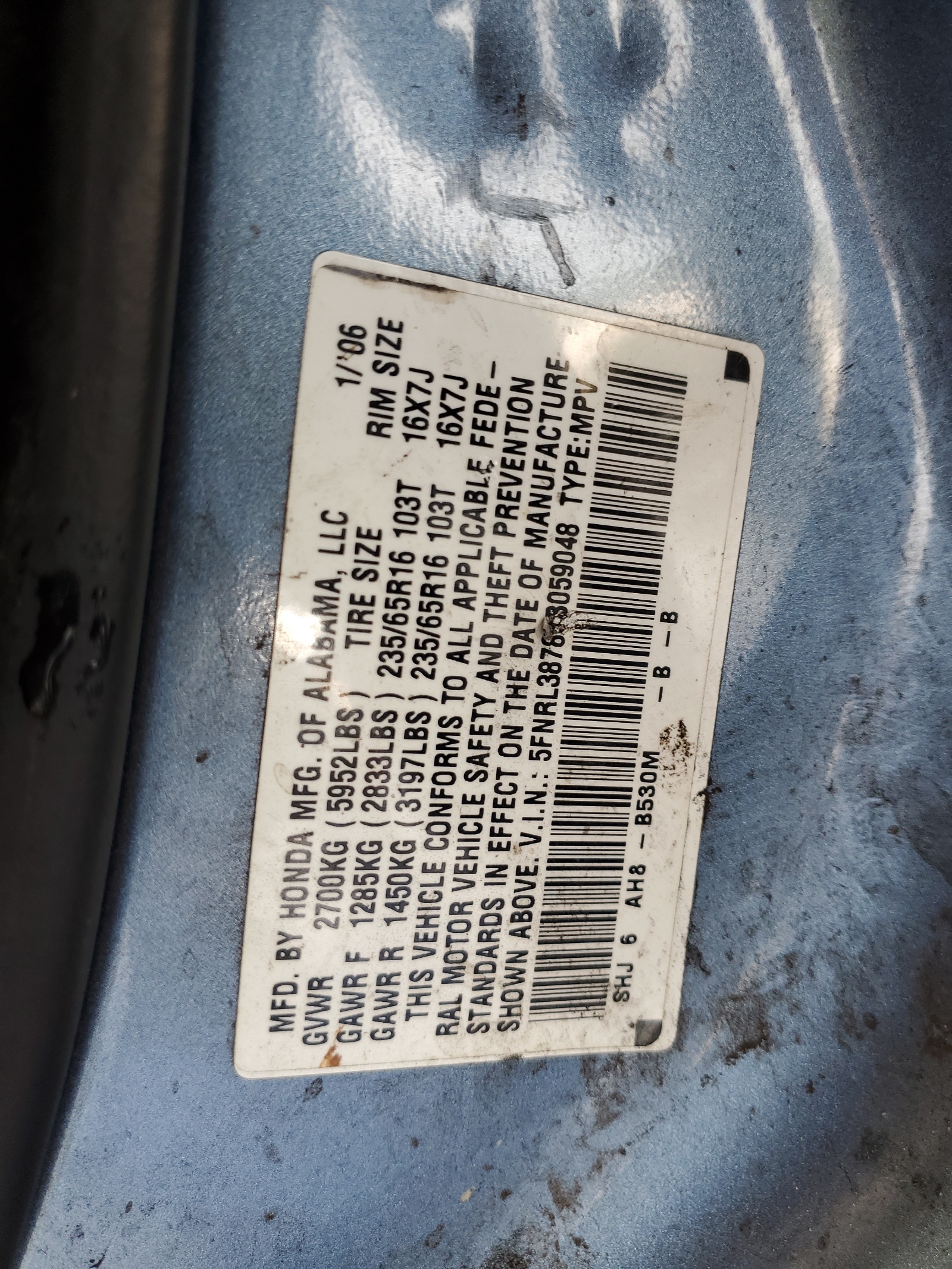 5FNRL38786B059048 2006 Honda Odyssey Exl