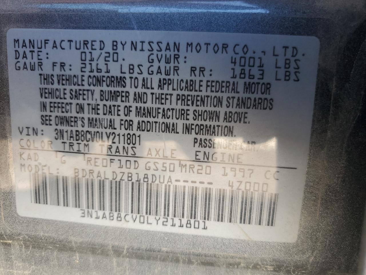 2020 Nissan Sentra Sv VIN: 3N1AB8CV0LY211801 Lot: 60238714