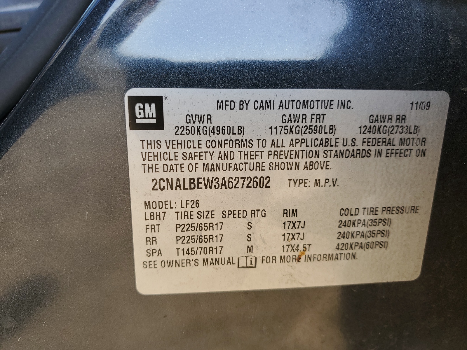 2CNALBEW3A6272602 2010 Chevrolet Equinox Ls