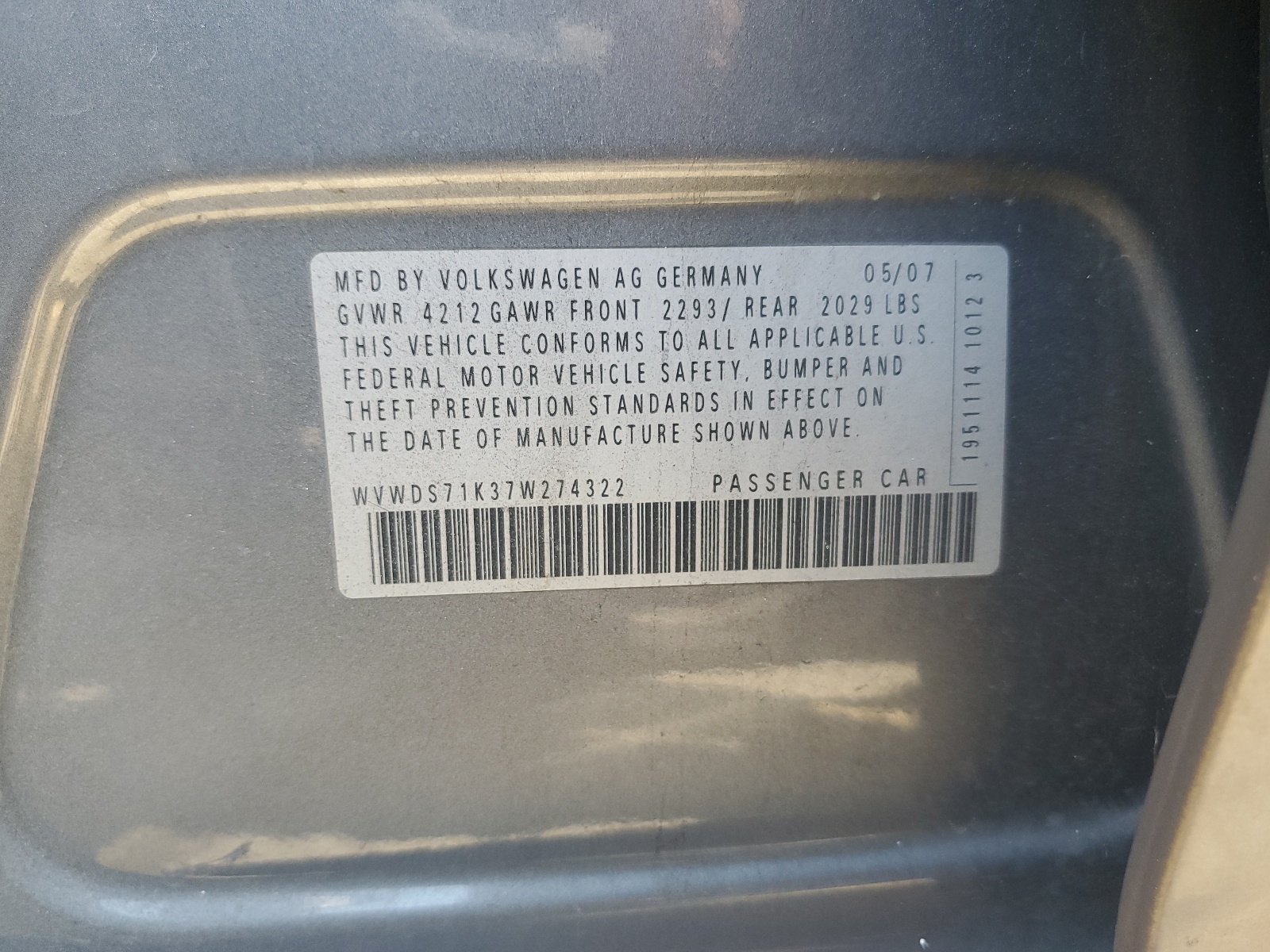 WVWDS71K37W274322 2007 Volkswagen Rabbit