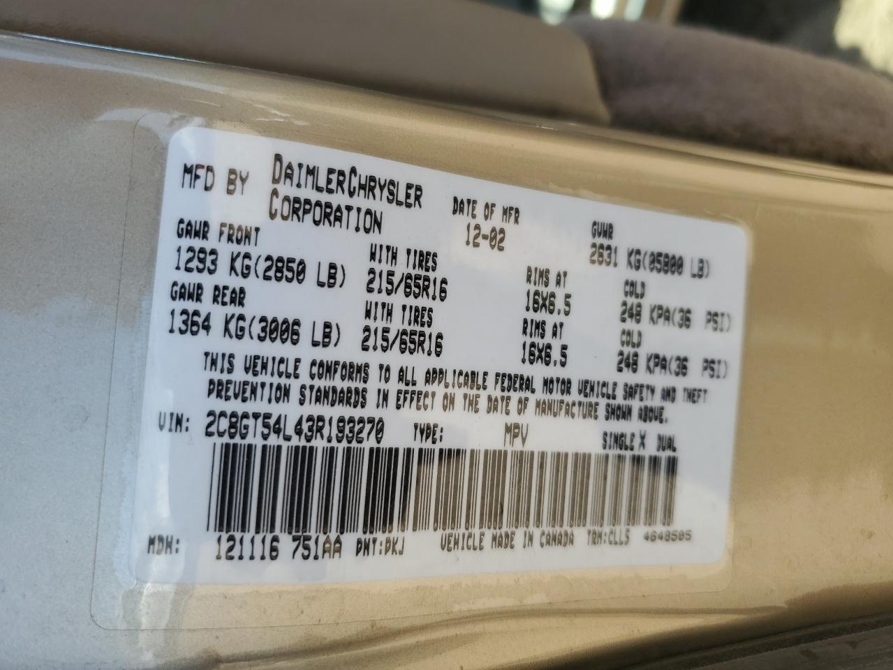 2003 Chrysler Town & Country Lxi VIN: 2C8GT54L43R193270 Lot: 58873734