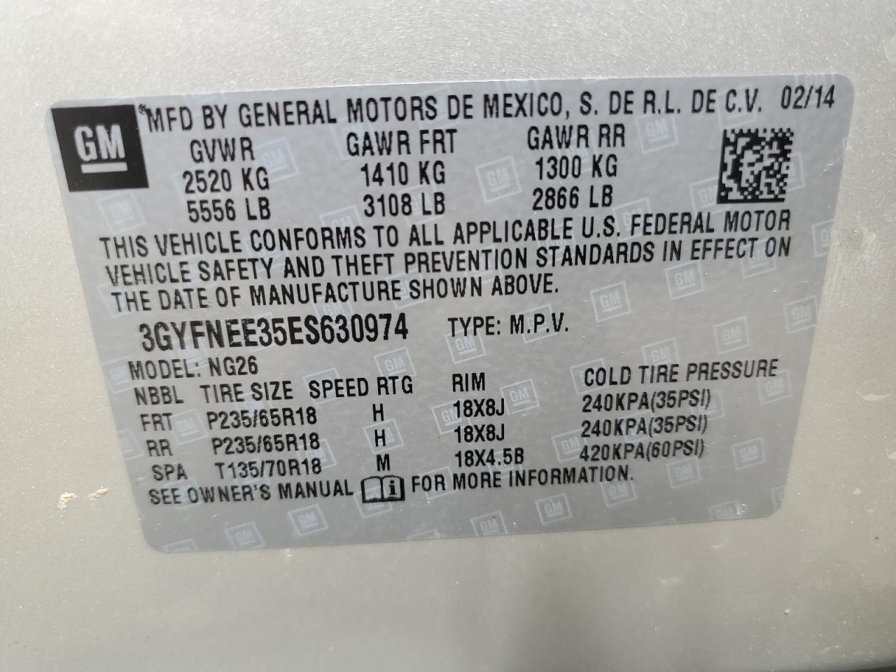 2014 Cadillac Srx Luxury Collection VIN: 3GYFNEE35ES630974 Lot: 59143724