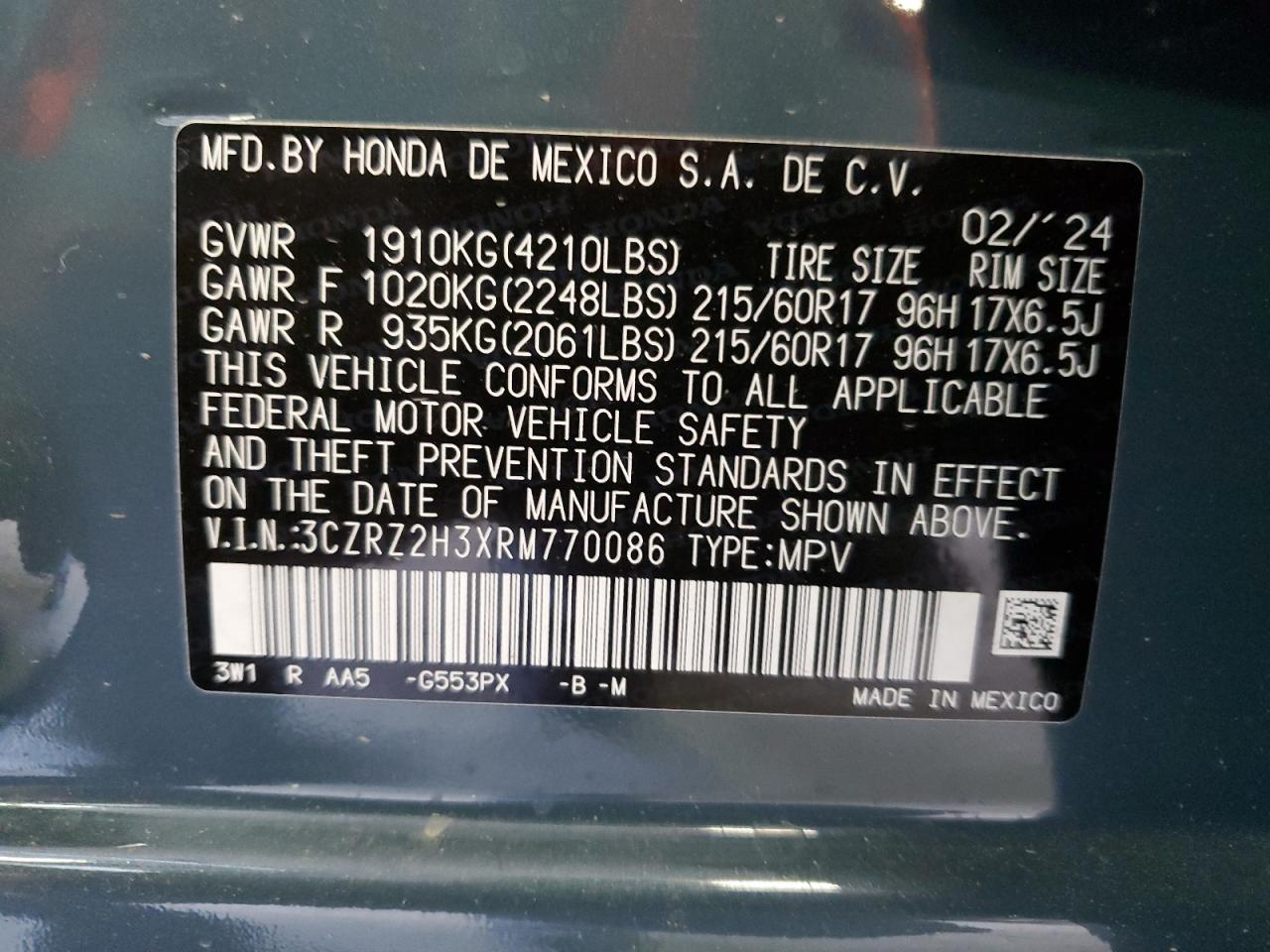 3CZRZ2H3XRM770086 2024 Honda Hr-V Lx