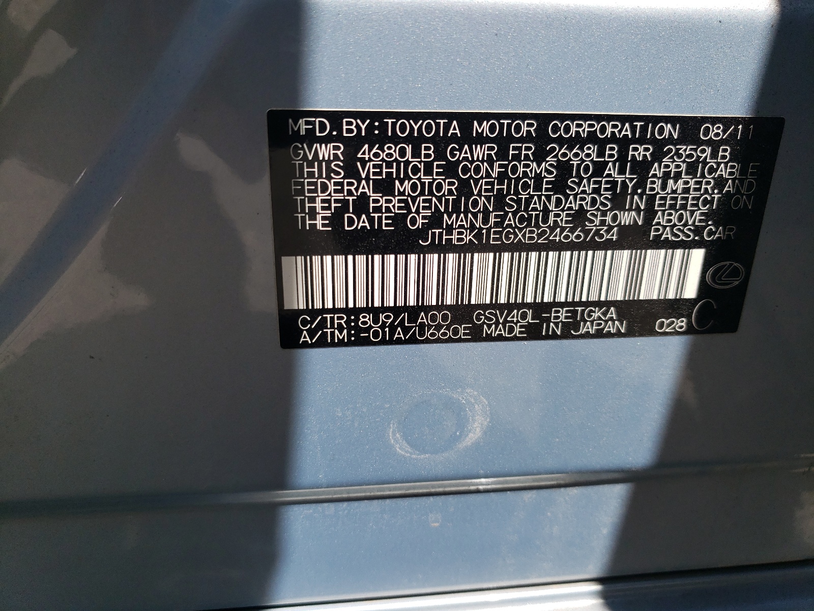 JTHBK1EGXB2466734 2011 Lexus Es 350