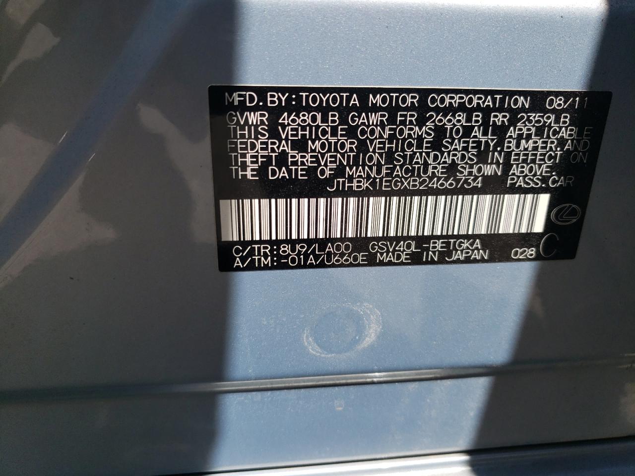 2011 Lexus Es 350 VIN: JTHBK1EGXB2466734 Lot: 59709764